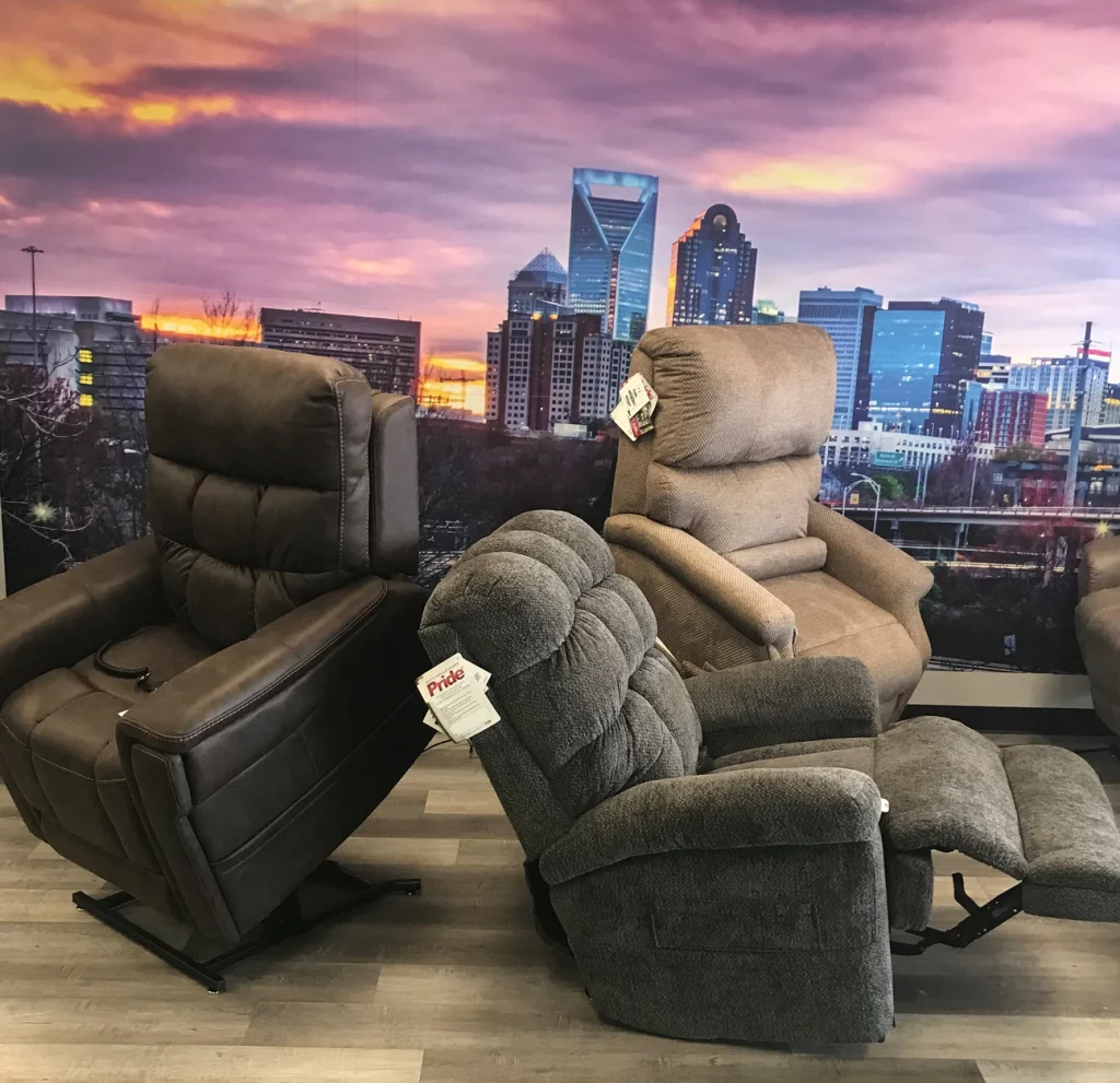 Three reclining lift chairs in different colors and materials available for rent in Charlotte, NC.